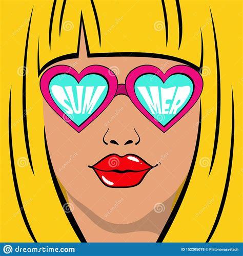 Girl With Glasses In Pop Art Style And The Inscription Summer Stock