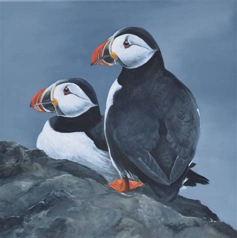 Two Puffins On A Rock Painting By Nicola Colbran Saatchi Art
