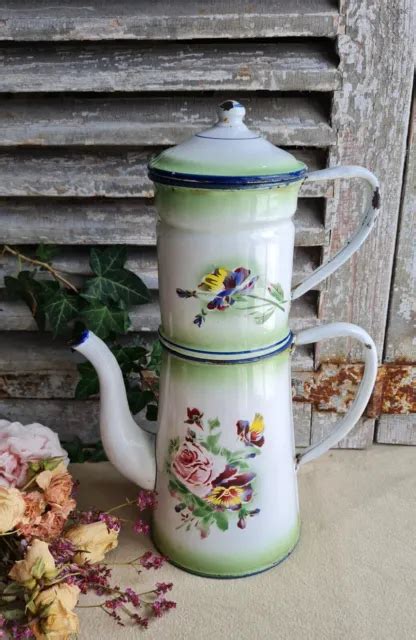 ANCIENNE CAFETIERE PARISIENNE Emaillee Decor De Fleurs Rose Pensees