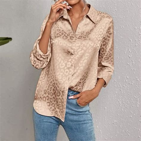 Boho Champagne Jacquard Satin Leopard Print Button Down Blouse