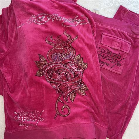 Rare Ed Hardy Dark Hot Pink Velour Tracksuit Depop
