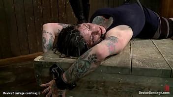 Strapped On Back Over Wooden Box Lesbian Slave Kathryn Dupri Gets Face Wrapped In Wire And