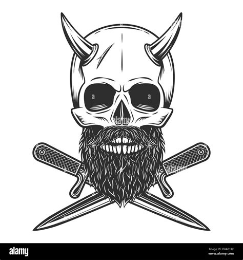 Skull Witn Horns And Mustache With Beard Crossed Knife Dagger Isolated