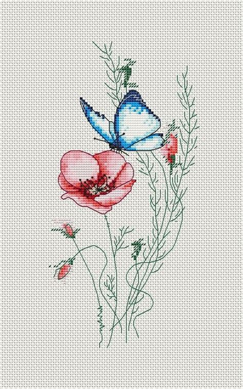 Vlinder En Klaproos Kruissteekpatroon Wilde Bloemen Aquarel