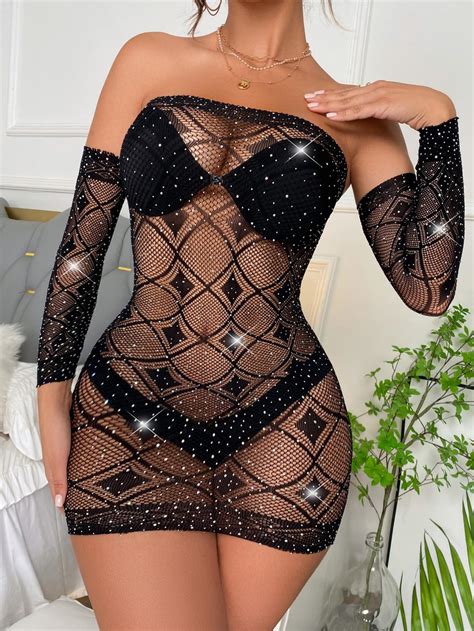 1Pc Shiny Rhinestone Decorated Sexy Lingerie With Sparkling Glitter Rhinestone Decorated Mini
