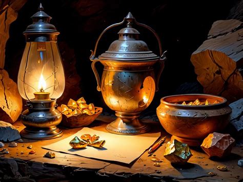 Gold Treasure Hunters Cave Lamp Premium Ai Generated Image