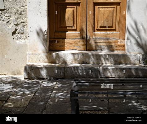 Antique Oak Wooden Door With Stone Steps In Scicli Sicily Italy Stock