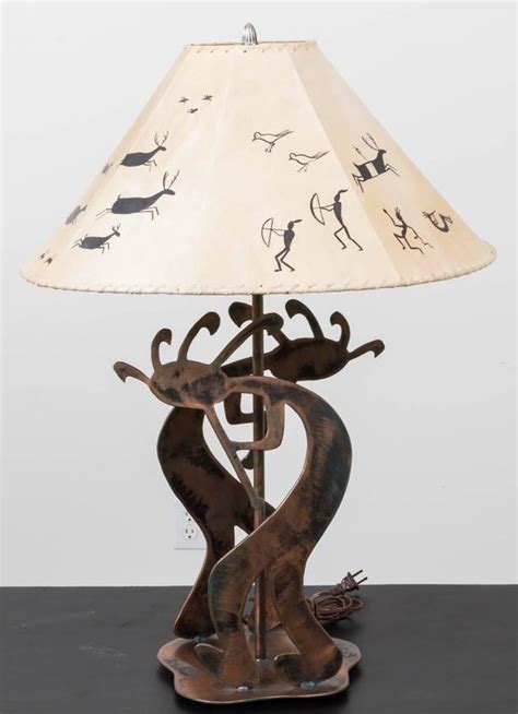 Copper Table Lamp With Stylized Native American Motifs And Leather Shade For Sale At 1stdibs