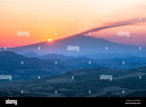 Sicily landscape Etna, sunrise over Mount Etna viewed from the hills ...