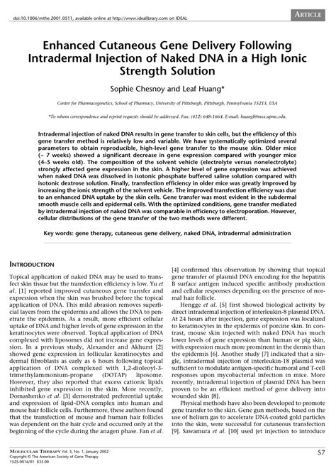 PDF Enhanced Cutaneous Gene Delivery Following Intradermal Injection Of Naked DNA In A High