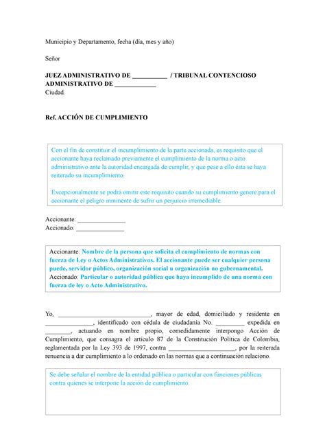 Modelo De Accion De Cumplimiento Municipio Y Departamento Fecha Día