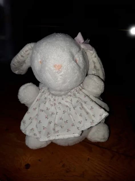 L1 DOUDOU PELUCHE JACADI LAPIN BOULE BLANC ROBE IMPRIME FLEUR ROSE