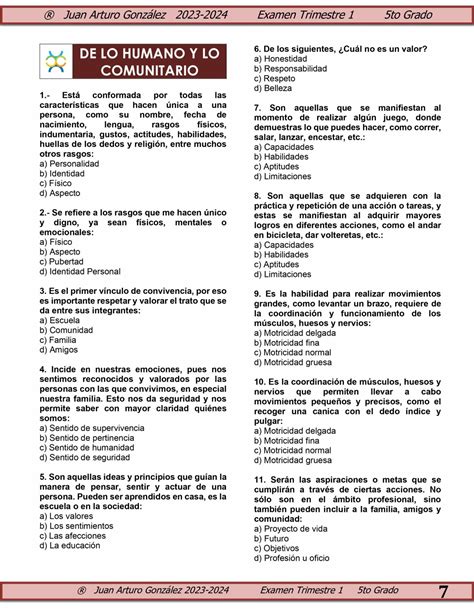 Examen Tercer Trimestre Quinto Grado 2023 Con Respuestas 3