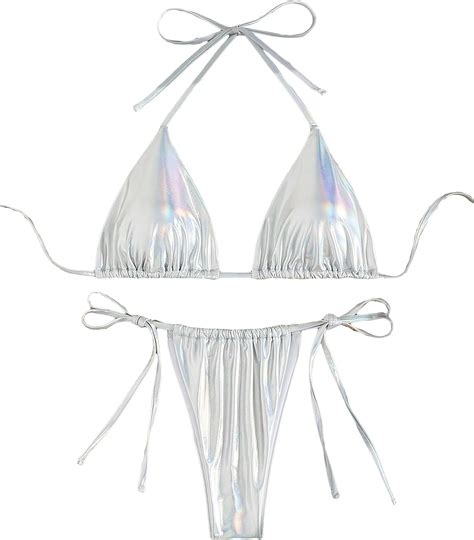 Amazon Gorglitter Women S Metallic Swimsuit High Cut Tie Side Thong Triangle Bikini Set