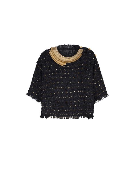 Embroidered Tweed Crop Top Black Women Balmain
