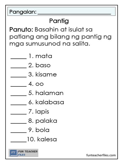 bilang ng pantig worksheets set