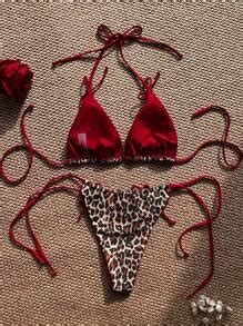 Swim SXY Summer Leopard Print Bowknot Front Halter Spaghetti Strap Bikini Swimwear Set For Women