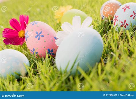 Happy Easter Closeup Colorful Easter Eggs On Green Grass Field Stock