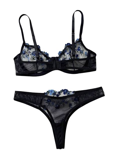 Snapklik Women Sexy Floral Embroidered Mesh Sheer Underwire Push Up Lingerie Set See