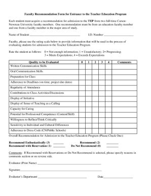 Fillable Online Faculty Recommendation Form For Entrance To The Teacher