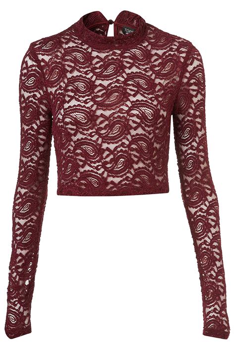 Lyst Topshop Lace Roll Neck Crop Top In Purple