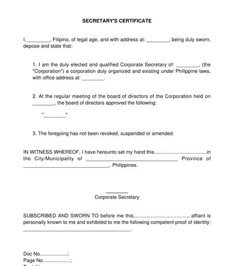 Secretarys Certificate Sample Template