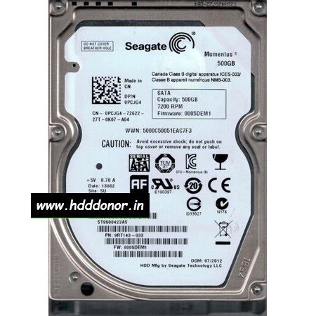 ST9500423AS, 9RT143-033, FW: 0005DEM1, 100675229 REV A Seagate 500 GB ...