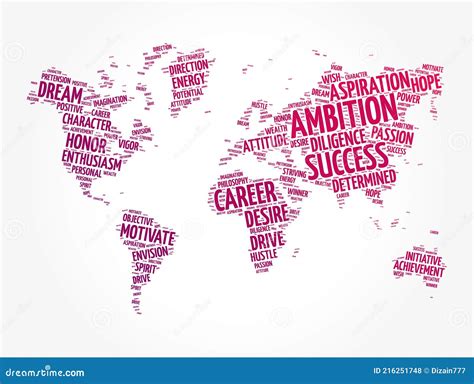 Ambition Word Cloud In Shape Of World Map Concept Background Stock