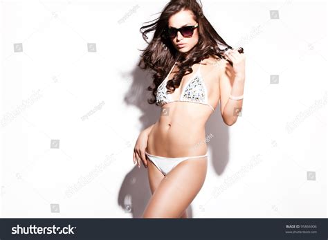 Beautiful Brunette White Bikini Sunglasses Studio Stock Photo 95866906 Shutterstock