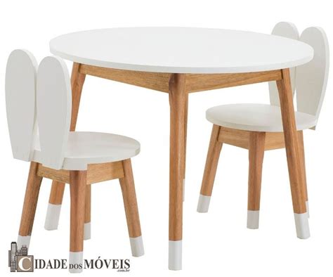 Conjunto Infantil Mesa Redonda A Cadeiras Coelho Mdf Branco