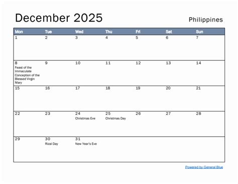 Free Monthly Calendar Template for December 2025 with Philippines Holidays