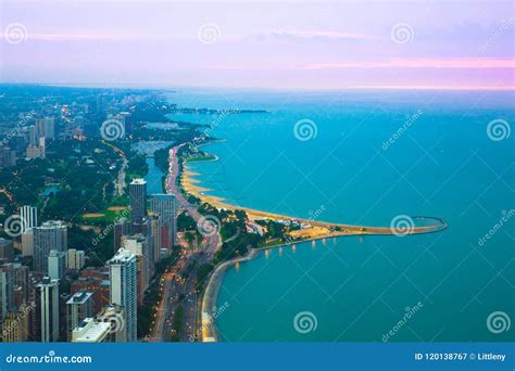 Chicago and Lake Michigan at Sunset Stock Image - Image of illinois ...