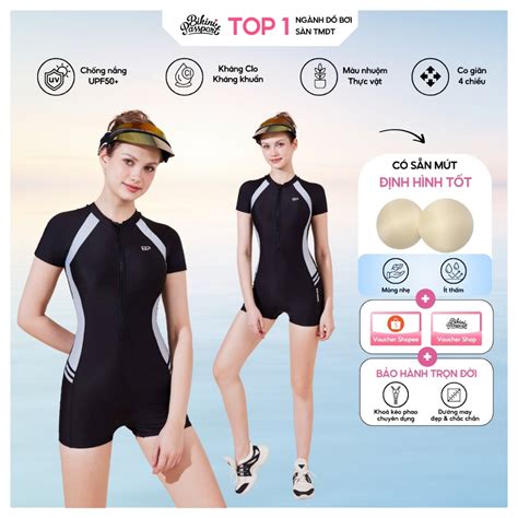 Đồ bơi Nữ BIKINI PASSPORT kiểu Một mảnh tay ngắn kín đáo có khoá màu Đen BS X Shopee