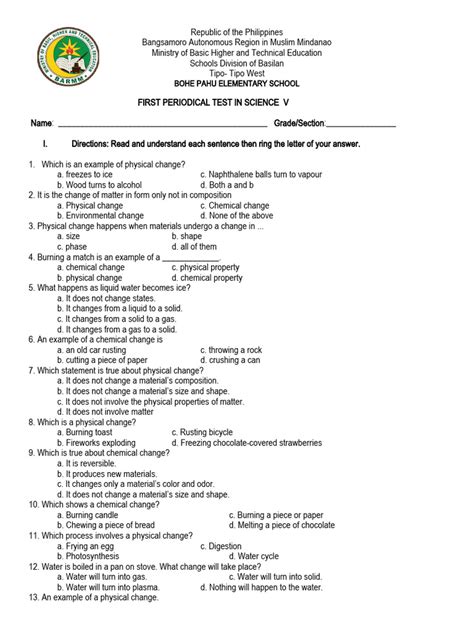 Periodical Test Science 5 1st Quarter Pdf