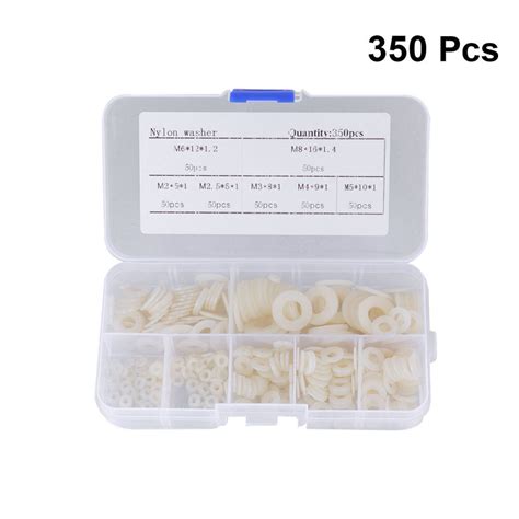 350 Pcs White Nylon Flat Washers Assortment Kit Threaded Bolt Type