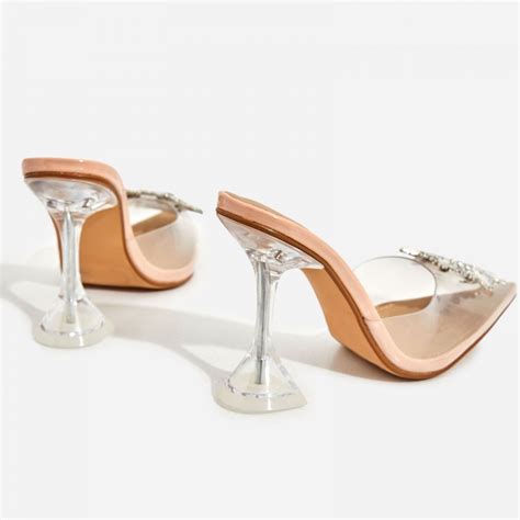 Midnight Diamante Detail Perspex Heel Mule In Nude Patent Shoes Post