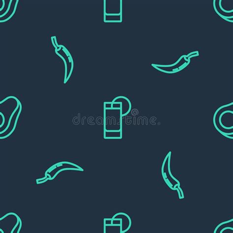 Set Line Tequila Glass With Lemon Hot Chili Pepper Pod And Avocado Fruit On Seamless Pattern