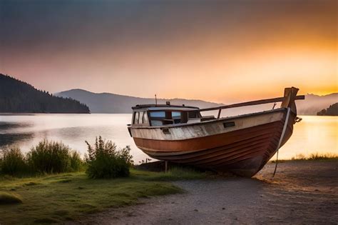 Premium Ai Image A Boat Is Docked On A Beach With A Sunset In The