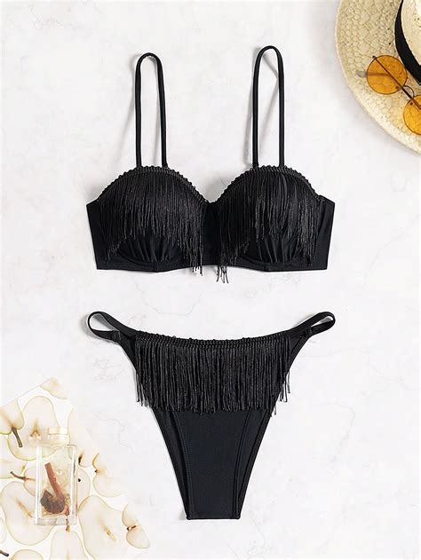Women S Fringe Split Bikini Swimsuit With Patchwork Design For Music