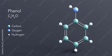 phenol molecule 3d rendering, flat molecular structure with chemical ...