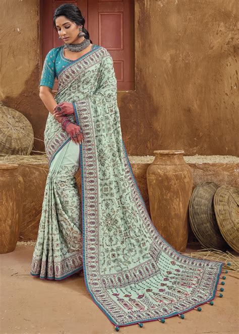 Mint Green Embroidered Saree With Kacchi Work Urban Womania