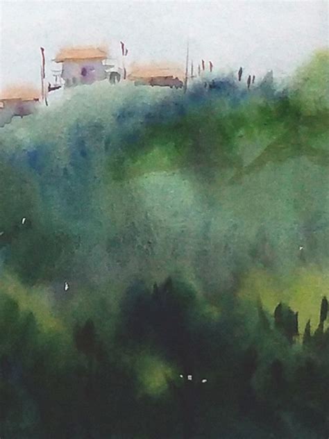 Misty Cloudy Himalaya Mountain Painting Watercolor On Paper By