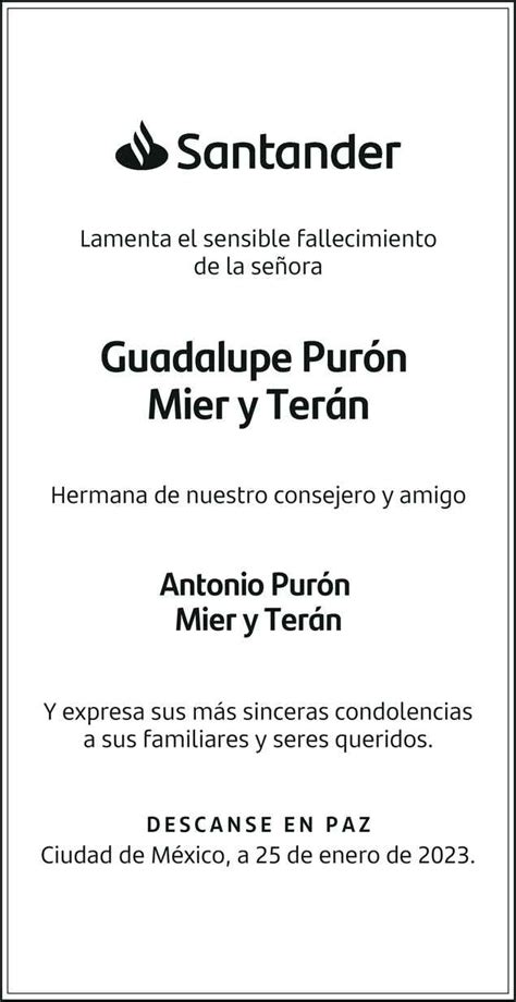 Señora Guadalupe Purón Mier y Terán Obituario Esquela