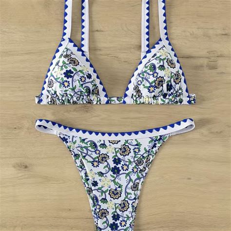 Blue Floral Print Whip Stitch Piece Set Bikini Depop