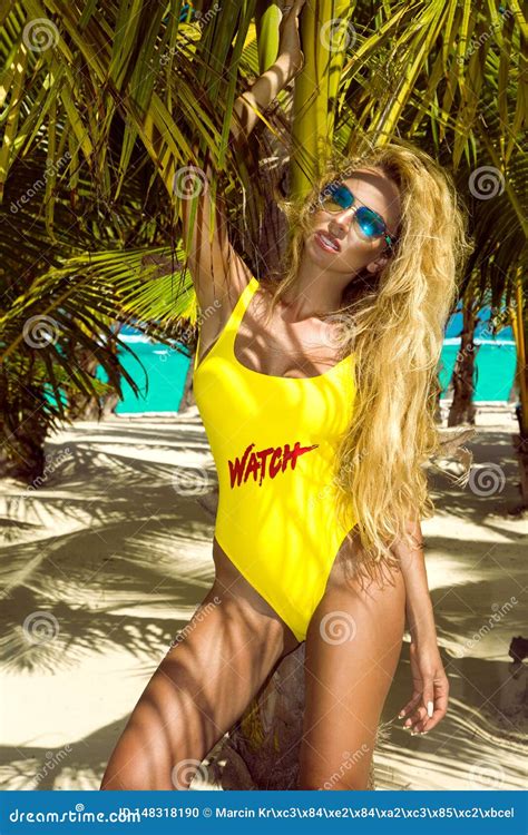 Belle Sexy Femme Dans Le Bikini Posant Sur La Plage Des Cara Bes Ma Tre Nageur Sur La Plage