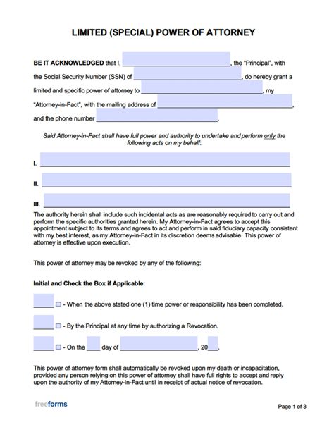 Free Limited Special Power Of Attorney Forms Pdf Word