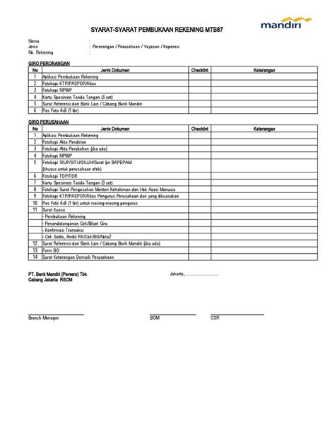 Ceklist Giro Lengkap Syarat Pembukaan Rekening Lengkap Pdf