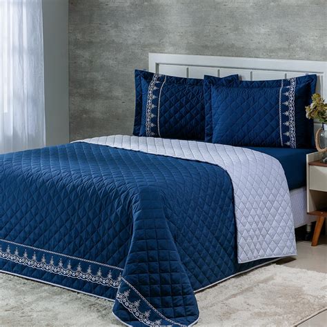 Cobre Leito Queen Azul - Cobre Leito Queen Charme Dupla Face Percal 180 Fios 3 Peças - Azul ...