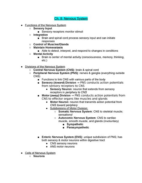 Seeley S Essentials Of Anatomy And Physiology Chapter 8 Ch 8 Nervous System Functions Of The