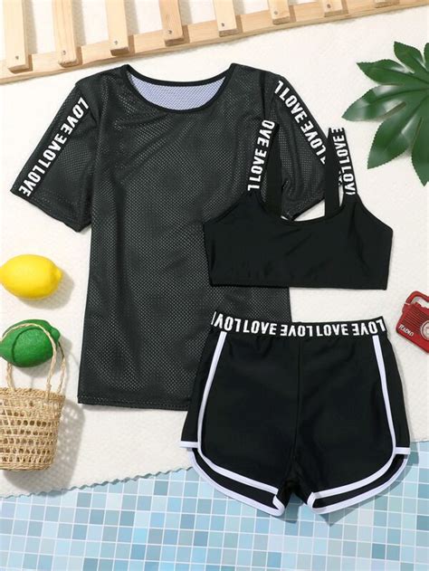 Tween Girl Letter Tape Bikini Swimsuit With Cover Up Shein Uk